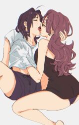 2girls ahoge black_dress blush breast_grab breast_press chizuru_mori closed_eyes color earrings emma_torikai french_kiss groping groping_breasts hand_on_another's_head hand_under_clothes highres kissing kneeling lace-trimmed_panties lace_trim lipstick long_hair magenta_hair mostly_clothed original panties pi-ko purple_hair purple_panties short_hair shorts sitting slight_blush spread_legs white_background white_shirt yuri