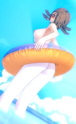 1girls 3d ass beach breasts completely_nude completely_nude_female covering danganronpa danganronpa_3 embarrassed_nude_female enf female female_only human innertube kimura_seiko light-skinned_female light_skin nipples nude nude_female ocean pale_skin pool_toy solo standing straight_hair ultimateenf water