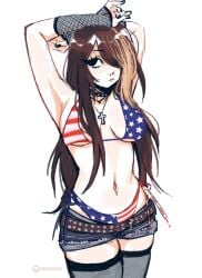 1girls american_flag american_flag_bikini american_flag_bikini_bottom arms_above_head arms_behind_head belt big_breasts bikini_bottom black_nails blonde_streak brown_hair cross_necklace curvy_figure cutoff_shorts cutoffs denim denim_shorts eye_visible_through_hair eyebrows_through_hair eyelashes eyeliner female female_focus female_only hair_covering_eye hair_over_one_eye jean_shorts looking_to_the_side megrocks multicolored_hair nails_painted necklace painted_nails short_shorts solo solo_female solo_focus streaked_hair studded_belt thick_thighs thighhighs visible_underwear