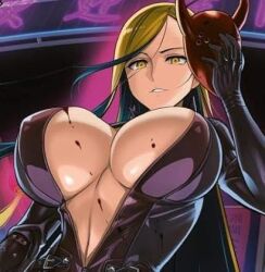 1girls amber_eyes amber_hair black_bodysuit blood_on_breasts bodysuit cleavage color female female_focus female_only from_below huge_breasts leather_bodysuit leather_clothing long_hair manga manga_page mask_off mask_removed nipple_bulge open_bodysuit open_clothes satou_shouji small_image smile smiling triage_x underboob upper_body viewed_from_below