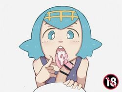 1girls after_fellatio blowjob blue_eyes blue_hair censored cum_in_mouth fellatio female lana_(pokemon) looking_at_viewer mob_face nuranura-san open_mouth penis pointing_at_mouth pokemon pokemon_sm semen_in_mouth small_penis swimsuit tongue_out