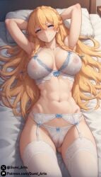 ai_generated bed blonde_hair blue_eyes blush covered_nipples covered_pussy gumi_arts hair_braid hands_behind_head indoors large_breasts lingerie long_hair looking_at_viewer muscular_female naughty_face on_back on_bed quanzhi_gaoshou smug stable_diffusion stockings su_mucheng the_king's_avatar thick_thighs thighhighs