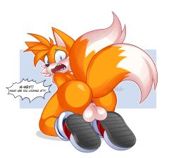 1boy 2024 2_tails absurd_res anthro anus ass backsack balls blush bodily_fluids cand1tty canid canine clothing dialogue digital_media_(artwork) english_text exposed_torso femboy footwear fox furry genitals handwear hi_res looking_back male male_only mammal miles_tails_prower mostly_nude multi_tail open_mouth rear_view sega solo solo_male sonic_(series) sonic_the_hedgehog_(series) sonic_the_hedgehog_2 sweat tail tails tails_the_fox text twink