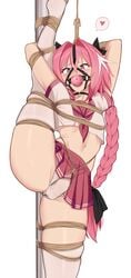 1boy astolfo_(fate) bagelbomb ball_gag blush bondage bound bow braid braided_hair braided_ponytail bulge choker crossdressing crossdressing_male drool drooling erection_under_clothes fate/grand_order fate_(series) femboy gag gagged girly hair_ornament hair_ribbon harness_gag leg_up long_hair looking_at_viewer male male_only midriff otoko_no_ko panties penis_in_panties penis_under_skirt pink_hair rope rope_bondage school_uniform skirt solo solo_male thighhighs tied_to_pole tied_up trap upskirt white_legwear white_panties