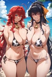 2girls ai_generated akeno_himejima beach bikini black_hair blue_eyes bombacopta cow_print cowbell high_school_dxd huge_breasts long_hair ponytail purple_eyes red_hair rias_gremory ribbon skinny thick_thighs