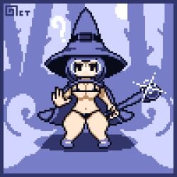 1girls accidental_exposure bikini chibi cloak exhibitionism female_only glasses ice magic micro_bikini mob_face navel octotron2000 pixel_art question_mark shortstack small_breasts solo solo_female spoken_question_mark thick_thighs wide_hips witch witch_hat