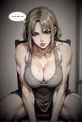 ai_generated big_breasts big_nipples big_thighs blonde_hair caption female femdom mommy muscles muscular muscular_female rough sweat tank_top veiny_muscles