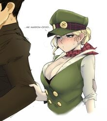 1boy 1girls big_breasts blush breasts cleavage dai_gyakuten_saiban female gina_lestrade gyakuten_saiban krekk0v male mole_on_breast ryunosuke_naruhodo shy sweatdrop the_great_ace_attorney tight_fit unseen_male_face watsonsfw1