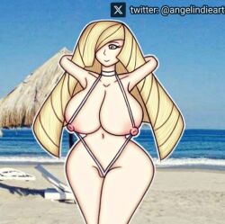 alternate_breast_size angelindieart14 arms_behind_back arms_behind_head arms_up background beach big_breasts bikini blonde_female blonde_hair blonde_hair_female game_freak green_eyes huge_breasts long_hair lusamine_(pokemon) nintendo nipples nude nude_female pokemon pokemon_sm pussy vagina white_skin white_skinned_female