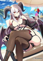 1girls 2021 artist_signature beach beach_chair beach_umbrella belt blue_sky breasts choker crossed_legs demon demon_girl demon_horns demon_wings drink female female_focus female_only garter_straps holding_object horns huge_breasts long_ears long_gloves long_hair looking_at_viewer naughty_face original original_character outdoors pointy_ears punopupupu red_eyes revealing_clothes sand sheer_legwear sitting smile succubus suggestive_look thick_thighs thighhighs thighs twitter_username water white_hair wings zeroshiki_kouichi