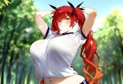 ai_generated arms_behind_head arms_up azur_lane belly big_breasts forest gym_uniform hair_ribbon honolulu_(azur_lane) huge_breasts large_breasts looking_at_viewer red_eyes red_hair smile sports_bra sports_shorts sports_uniform sportswear steam sweat twintails