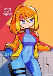 1girls 2021 big_breasts blonde_hair blue_eyes bodysuit bodysuit_and_jacket bodysuit_under_clothes coat crap-man cute female firearm gloves handgun human jacket legwear metroid nintendo open_jacket outerwear pale_skin samus_aran solo solo_female thick_thighs thighs tight_clothing varia_suit weapon zero_suit zero_suit_samus