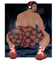 1boy ass ass_focus big_ass big_butt body_hair boxers_(clothing) butt_focus commission dead_by_daylight emissionswhite facial_hair forest_background gay hairy_legs headphones heart_pattern heart_pattern_underwear jonah_vasquez looking_back male male_only muscular muscular_male musk musk_clouds scared_expression shoes socks sweat sweating