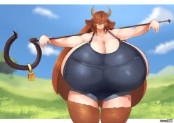 1girls breasts carlosgizza cow_ears cow_horns female hyper_breasts light-skinned_female light_skin massive_breasts overalls