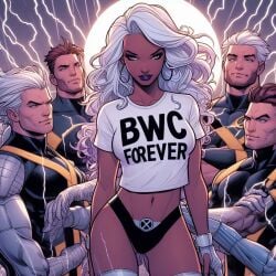 1girls 4boys ai_generated ai_hands dark-skinned_female female light-skinned_male light_skin male marvel marvel_comics multiple_boys ororo_munroe raceplay same_face storm_(x-men) straight straight_hair t-shirt underwear white_hair x-men