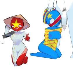 2boys 2girls african belly_button blue_body breasts breasts_out clothed clothed_sex clothing countryhumans countryhumans_girl cum cum_drip cum_on_body cum_on_breasts cum_on_clothes cum_on_upper_body democratic_republic_of_the_congo_(countryhumans) dress female female_focus gray_penis gray_skin half-dressed half_naked hat holding holding_head kneeling kneeling_female no_pants panties peace_sign pink_panties precum precum_drip pubic_hair red_body shirt sitting sleepserumm star_(symbol) sweat sweating vietnam vietnam_(countryhumans) vietnamese_flag white_body white_clothing white_dress worried yellow_clothing yellow_panties yellow_shirt