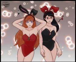 2girls 8aylee8 aged_up alternate_costume alternate_hair_length black_eyes black_hair blue_eyes boruto:_naruto_next_generations bunny_ears bunny_girl bunnysuit cleavage crossover female female_only gintama kagura_(gintama) long_hair medium_breasts naruto naruto_(series) orange_hair playboy_bunny sarada_uchiha shounen_jump