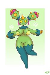 anthro blush breasts fan_character female green_body hambor12 hi_res horn humanoid maractus multicolored_body nintendo nipples pokémon_(species) pokemon simple_background smile solo two_tone_body video_games