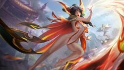 1girls bare_legs barefoot black_hair breasts cape characters_in_the_background flying hair_ornament impossible_clothes league_of_legends leotard magic richtofen riot_games tagme thighs xayah