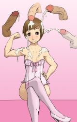 1girls 4boys atlus blushing_at_viewer brown_eyes brown_hair bustier corset cum_on_body cum_on_face cum_on_hair cum_outside disembodied_penis flexing flexing_arm high_heels leg_cross lingerie nylons persona persona_4 pink_lingerie pink_stockings ribbon satonaka_chie short_hair small_breasts smirking_at_viewer stockings tomboy toned_female