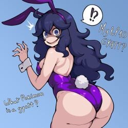 !? 1girls ass big_ass blue_background blue_eyes bunny_ears bunnysuit clothed cuffs english_text fake_animal_ears female female_only frenchserval hex_maniac hi_res light-skinned_female long_hair looking_at_viewer looking_back meme messy_hair nail_polish navy_blue_hair pokemon purple_nails rabbit_tail sideboob smile spiral_eyes text