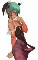 1boy bulge capcom clothing darkstalkers erection erection_under_clothes femboy genderswap_(ftm) girly green_hair incubus morrigan_aensland ortamaw penis_under_clothes rule_63 short_hair solo succubus trap wings