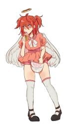 1boy abdl angel angel_devil_(chainsaw_man) angel_wings bunnymin chainsaw_man crossdressing crossdressing_male diaper dress femboy halo infantilism mary_janes red_hair thighhighs