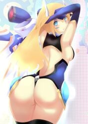 adjusting_hair aqua_eyes ass back bare_shoulders black_thighhighs blazblue blonde_hair blue_leotard breasts daiaru detached_sleeves elbow_gloves gloves headgear heavenly_ass long_hair looking_back medium_hair mu-12 noel_vermillion sideboob thong_leotard