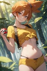 1girls ai_generated blue_eyes crop_top female female_only forest human kasumi_(pokemon) orange_hair pokeball pokemon ponytail seductive_look seductive_smile solo suspenders tree trees woods yellow_shirt