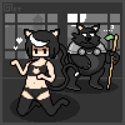 2boys black_hair bulge cat_ears cat_humanoid cat_lingerie cat_tail chibi feline femboy furry heart kneeling lingerie male_only mob_face navel octotron2000 panties pixel_art question_mark spoken_heart spoken_question_mark thigh thighhighs