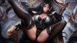 black_hair black_panties blue_eyes breasts cameltoe cleavage irelia_xan large_breasts league_of_legends long_hair looking_at_viewer panties riot_games sentinel_irelia spread_legs tagme thighhighs upskirt windwalker