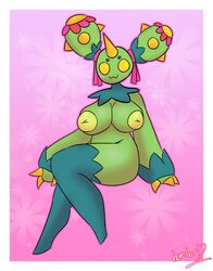 anthro anthrofied blush breasts claws fan_character female green_body hambor12 hi_res horn maractus multicolored_body nintendo nipples pokémon_(species) pokémorph pokemon simple_background sitting smile solo video_games yellow_body yellow_eyes