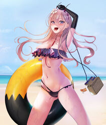 absurdres ass azur_lane bandeau beach between_breasts bikini black_gloves blonde_hair breasts choker cross_hair_ornament elbow_gloves female flower frilled_bikini frills gaji gloves hair_flower hair_ornament highres holding holding_innertube horns innertube kumano_(azur_lane) kumano_(fancy_waves)_(azur_lane) large_breasts long_hair looking_at_viewer mismatched_bikini multi-strapped_bikini multicolored multicolored_bikini multicolored_clothes official_alternate_costume oni_horns open_mouth purple_eyes red_choker sharp_teeth single_elbow_glove strap_between_breasts swimsuit teeth thighs tongue tongue_out white_flower