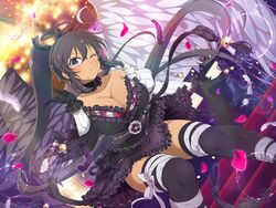 1girls alternate_costume black_hair blowing_kiss busty choker cleavage dark-skinned_female dress female female_only grey_eyes homura_(senran_kagura) huge_breasts long_hair looking_at_viewer official_art one_eye_closed ponytail senran_kagura thick_thighs voluptuous wings wink yaegashi_nan