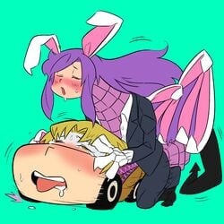 1:1 animal_humanoid black_bottomwear black_clothing black_jacket black_pants black_topwear blonde_hair blue_background blush bottomwear car clothing cookie_(touhou) dragons_fucking_cars dragons_having_sex_with_cars duo female futanari green_eyes hair hi_res hisui_(cookie) humanoid hybrid intersex intersex/female jacket joker_(cookie) lagomorph lagomorph_humanoid leporid_humanoid living_car living_machine living_vehicle machine mammal mammal_humanoid mizuhashi_parsee pants purple_hair rabbit_humanoid reisen_udongein_inaba scotch_(239957) sex shirt simple_background topwear touhou vehicle video_games what white_clothing white_shirt white_topwear windshield_eyes