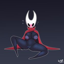 1:1 ambor12 anthro arthropod black_body blush bog breasts cape cloak clothed clothing female genitals hi_res hollow_knight hornet_(hollow_knight) multicolored_body nipples partially_clothed pussy red_cape simple_background sitting solo team_cherry two_tone_body video_games white_body