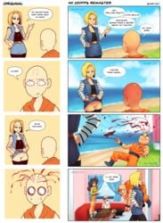 2boys 2girls 4koma android_18 assertive_female bald beach big_breasts black_thighhighs bleeding_from_head blonde_hair blood blue_curtains blue_eyes blue_sky bob_cut breasts carrying_over_shoulder cleavage cleft_of_venus clothed cloud comic comparing day denim_clothing denim_skirt dragon_ball english english_text flashing flashing_pussy funny good_launch happy_female happy_male highres innie_pussy kame_house krillin kuririn launch legs_together lifted_by_self long_hair lunch_(dragon_ball) medium_breasts meme muscular muscular_male muten_roushi no_nose no_panties nortuet old_man outdoors pencil_skirt pussy revealing_clothes revision shocked shocked_expression short_hair shounen_jump simple_background skirt skirt_lift slim smile speech_bubble sweat text thighhighs turtle_(dragon_ball) uncensored white_hair wide_hips