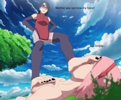 boruto:_naruto_next_generations dominant_daughter english_text feet femdom femsub foot_fetish mother_and_daughter naruto sakura_haruno sarada_uchiha submissive_mother tagme