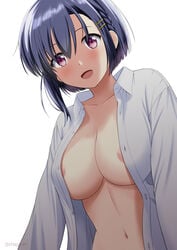 1girls areola_slip areolae bangs blush bokutachi_no_remake braid breasts cleavage collarbone collared_shirt dark_blue_hair dress_shirt female female_focus from_below hair_between_eyes hair_ornament hairclip highres large_breasts linea_alba long_sleeves looking_at_viewer medium_hair naked_shirt navel no_bra open_clothes open_shirt petite purple_eyes satou_chagashi shino_aki shirt side_braid simple_background smile solo unbuttoned unbuttoned_shirt upper_body white_background white_shirt