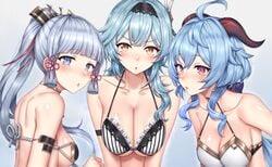 blue_eyes blue_hair blush bra breasts eula_(genshin_impact) ganyu_(genshin_impact) genshin_impact horns kamisato_ayaka lingerie long_hair purple_eyes yakimi_27 yellow_eyes