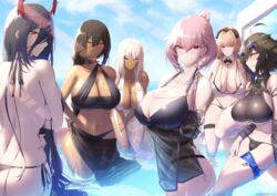 6girls absurd_res arms_under_breasts ass azur_lane beach bikini black_hair blonde_hair blush breasts busty child_bearing_hips clothing curvaceous curvy dark-skinned_female dark_skin duca_degli_abruzzi_(azur_lane) duca_degli_abruzzi_(lustrous_onyx_sirenetta)_(azur_lane) eagle_union_(azur_lane) exhibitionism female female_focus female_only friedrich_der_grosse_(azur_lane) georgia_(azur_lane) georgia_(lanier_swan)_(azur_lane) harem highres hourglass_figure huge_ass huge_breasts inviting iron_blood_(azur_lane) light-skinned_female light_skin long_hair looking_at_viewer massachusetts_(azur_lane) multiple_girls pale-skinned_female pale_skin pink_hair royal_navy_(azur_lane) sardegna_empire_(azur_lane) seaside seductive seductive_smile shiroshisu short_hair slim_waist smile smiling_at_viewer south_dakota_(azur_lane) suggestive swiftsure_(azur_lane) swiftsure_(midsummer_special_service)_(azur_lane) swimsuit swimwear thick thick_ass thick_thighs voluptuous water wet white_hair wide_hips