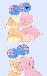 2girls anthro australia_(countryhumans) big_breasts bottomless breast_size_difference breasts clothed clothing countryhumans countryhumans_girl duo female female_only flawsy hips humanoid incest kneeling light-skinned_female light_skin mostly_clothed new_zealand_(countryhumans) pale_skin sitting size_difference tan thick_thighs wholesome wide yuri