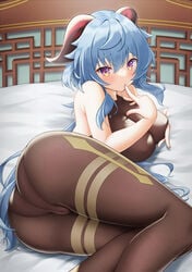 absurdres akira_(sayo_dayoo) ass bangs bare_arms bare_shoulders bed_sheet blue_hair blush bodystocking breasts cameltoe closed_mouth eyebrows_visible_through_hair feet_out_of_frame female finger_to_mouth ganyu_(genshin_impact) genshin_impact highres horns huge_filesize large_breasts long_hair lying on_bed on_side purple_eyes solo thighs very_long_hair