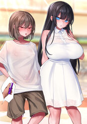 1boy 1girls bangs black_hair blue_eyes blurry blurry_background blush breasts brown_hair clothing commentary_request covered_nipples cum cum_on_clothes dress eyebrows_visible_through_hair female hand_on_hip highres huge_breasts large_breasts long_hair open_mouth original pubic_tattoo red_eyes ruuku_(azukieru) sex_toy shirt short_hair short_sleeves shorts sleeveless steaming_body sweat tattoo tearing_up tongue vibrator vibrator_cord vibrator_under_clothes white_dress white_shirt