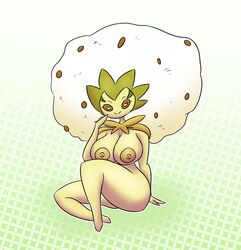 anthro ass breasts eldegoss elemental_creature female flora_fauna green_body hambor12 hi_res multicolored_body nintendo nipples plant pokémon_(species) pokemon simple_background sitting smile solo video_games white_body