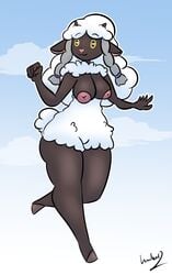 anthro anthrofied black_body breasts female fluffy fluffy_tail fur hambor12 hi_res horn nintendo nipples pokémon_(species) pokemon pokemon_(species) pokemorph simple_background smile solo video_games white_body white_fur wooloo yellow_eyes