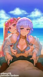 1boy 2girls alternate_costume beach berg bikini bisexual bisexual_female blue_bikini blue_hair blue_sky blue_swimsuit breast_grab breasts bulge byleth_(fire_emblem) byleth_(fire_emblem)_(male) cleavage coaching double_breast_grab female fire_emblem fire_emblem:_three_houses fire_emblem_heroes grabbing hilda_valentine_goneril hilda_valentine_goneril_(summer) male_swimwear marianne_von_edmund marianne_von_edmund_(summer) multiple_girls ocean official_alternate_costume pink_bikini pink_hair pink_swimsuit pov sky straight swim_trunks swimsuit teamwork upper_body