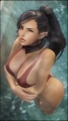 arms_under_breasts big_breasts bikini bird's-eye_view black_hair braided_hair breasts bubble_butt cleavage cute_face elezen final_fantasy final_fantasy_xiv half_breed half_elf hilda_ware hot_spring large_breasts mixed_breed pinup pointy_ears ponytail pool red_eyes red_swimsuit scarf seductive_gaze swimsuit tagme waterfall wet_body wide_hips xiversk