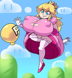 1girls breast_expansion breasts female female_only huge_breasts mario_(series) nintendo p-balloon princess_peach royaloppai solo solo_female super_mario_world torn_clothes yellow_hair