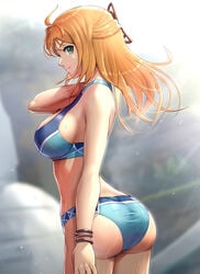 1girl 1girls ass bikini blonde_hair blue_bikini bracelet bracelets female female_only fiora_(xenoblade) gonzarez long_hair looking_at_viewer nintendo outdoors outside sideboob swimsuit tagme wet wet_body wet_skin xenoblade_(series) xenoblade_chronicles